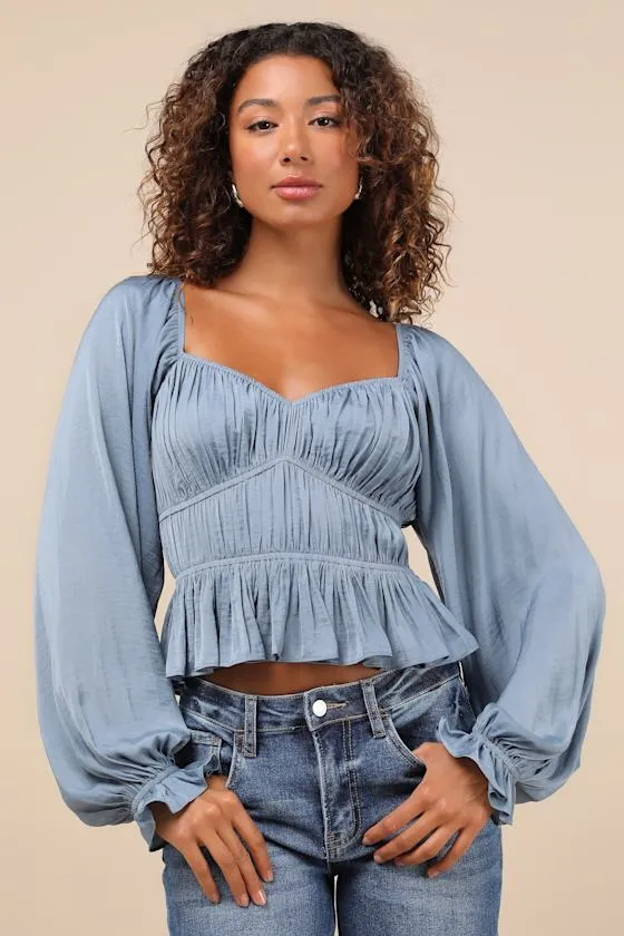 Sophisticate Slate Blue Satin Ruched Long Sleeve Top sold by Lulus