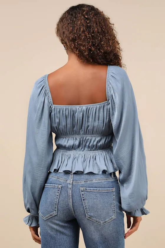 Sophisticate Slate Blue Satin Ruched Long Sleeve Top sold by Lulus product image thumbnail 2