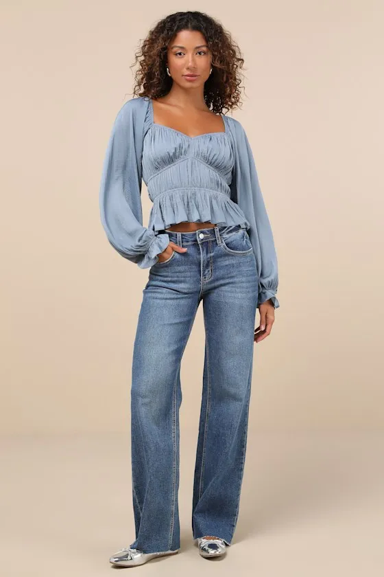 Sophisticate Slate Blue Satin Ruched Long Sleeve Top sold by Lulus product image thumbnail 3