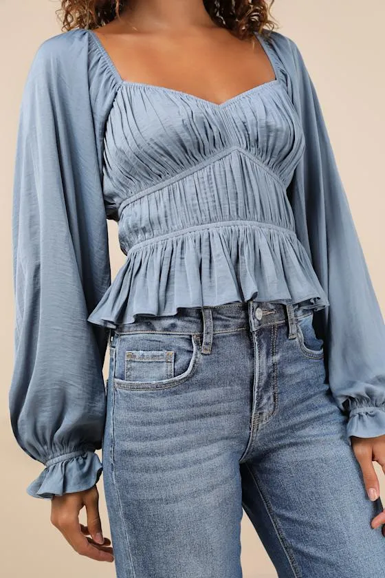 Sophisticate Slate Blue Satin Ruched Long Sleeve Top sold by Lulus product image thumbnail 4