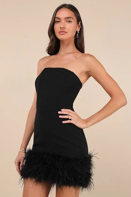 Fabulous Delight Black Strapless Bustier Feather Mini Dress sold by Lulus
