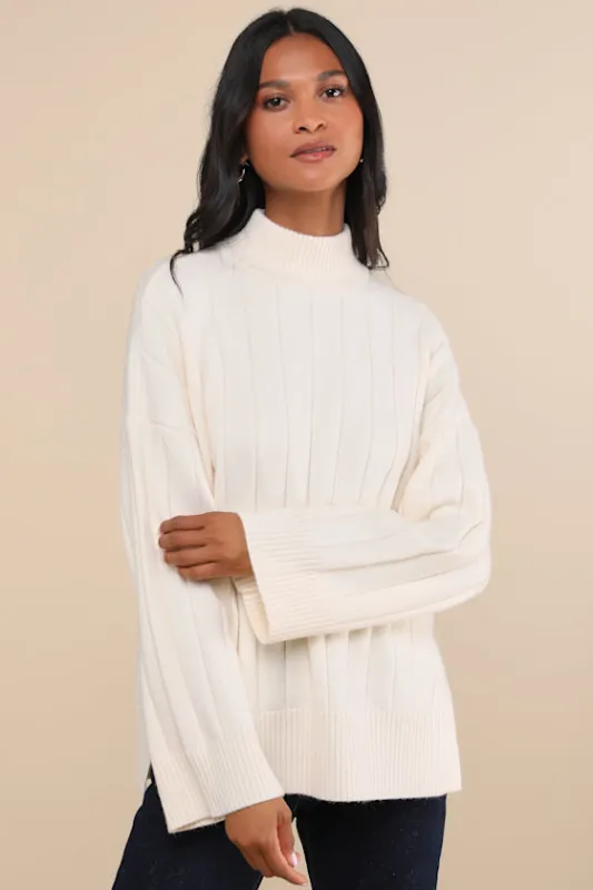 Seasonal Snuggles Ivory Ribbed Mock Neck Pullover Sweater sold by Lulus