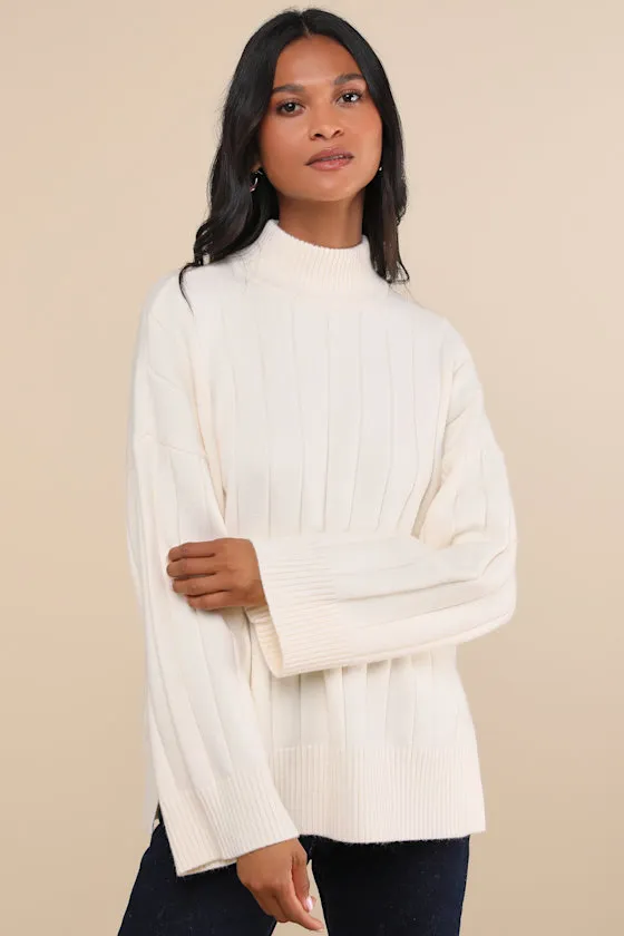 Seasonal Snuggles Ivory Ribbed Mock Neck Pullover Sweater sold by Lulus