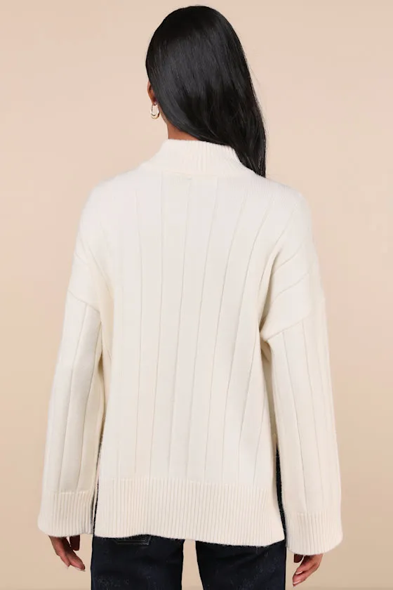 Seasonal Snuggles Ivory Ribbed Mock Neck Pullover Sweater sold by Lulus product image thumbnail 3