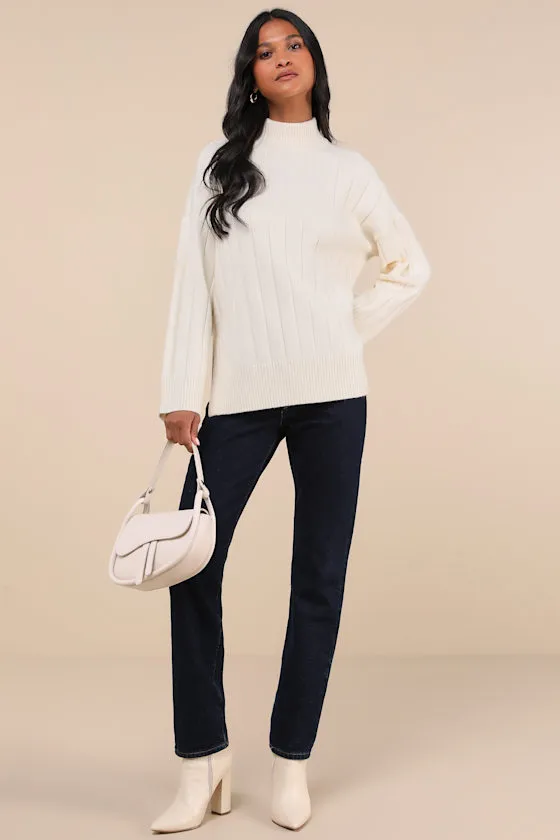 Seasonal Snuggles Ivory Ribbed Mock Neck Pullover Sweater sold by Lulus product image thumbnail 4