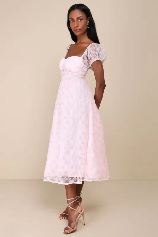 Exceedingly Elegant Pink Floral Applique Bustier Midi Dress sold by Lulus