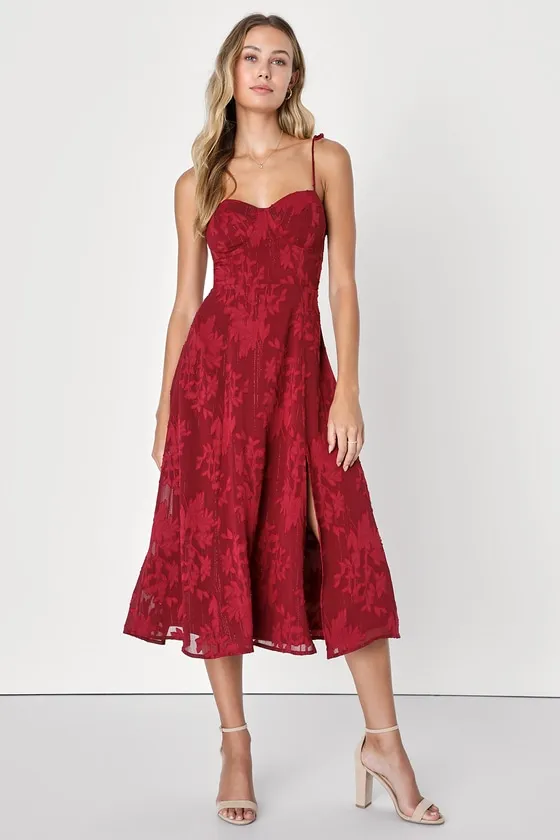Loveliest Looks Burgundy Floral Jacquard Tie-Strap Midi Dress sold by Lulus
