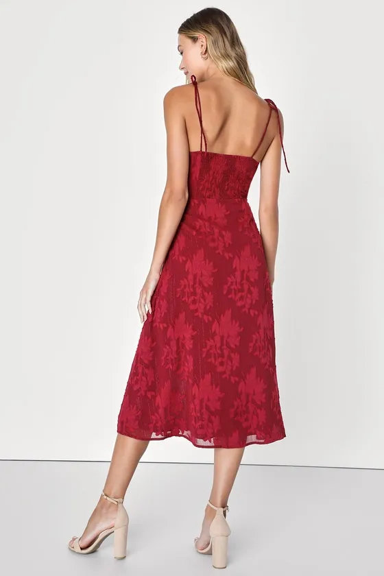 Loveliest Looks Burgundy Floral Jacquard Tie-Strap Midi Dress sold by Lulus product image thumbnail 4