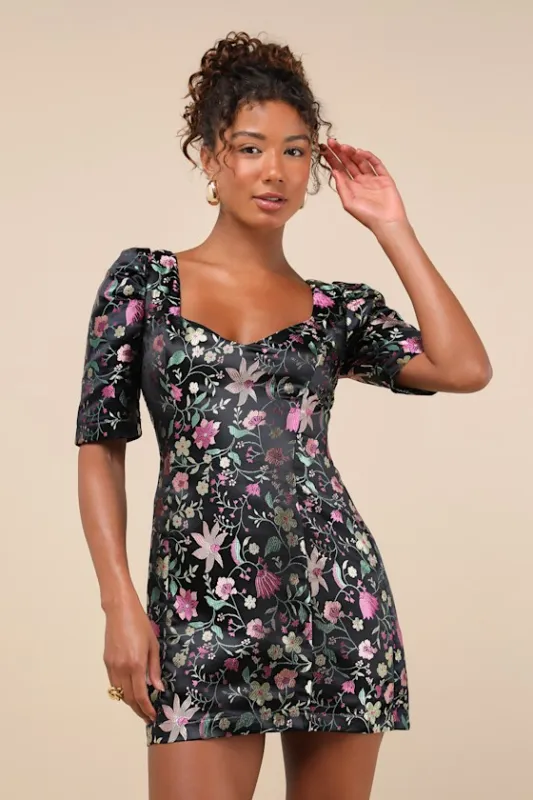 Decidedly Glam Black Floral Brocade Puff Sleeve Mini Dress sold by Lulus