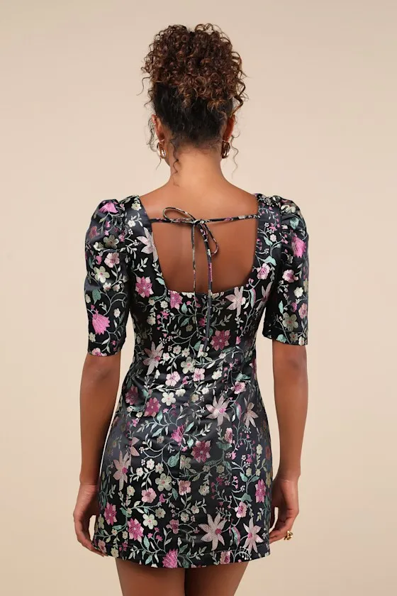 Decidedly Glam Black Floral Brocade Puff Sleeve Mini Dress sold by Lulus product image thumbnail 2