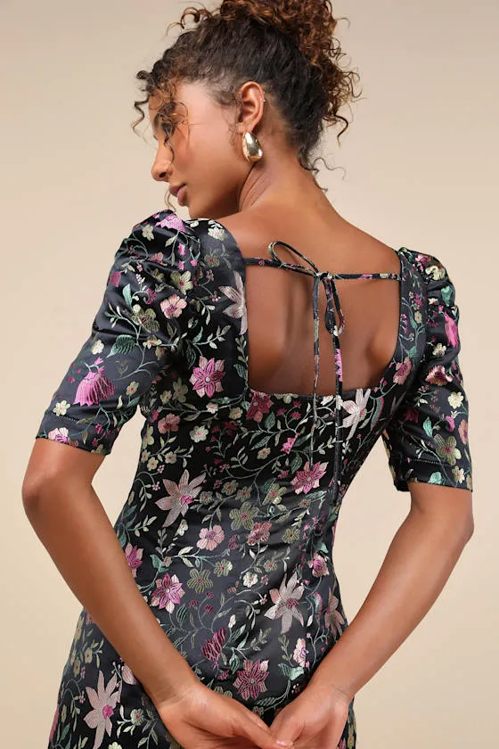 Decidedly Glam Black Floral Brocade Puff Sleeve Mini Dress sold by Lulus product image thumbnail 4