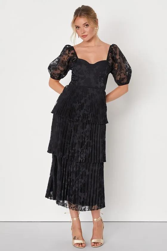 Posh Delight Black Floral Jacquard Pleated Midi Dress sold by Lulus