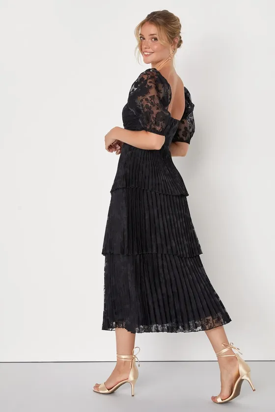 Posh Delight Black Floral Jacquard Pleated Midi Dress sold by Lulus product image thumbnail 2
