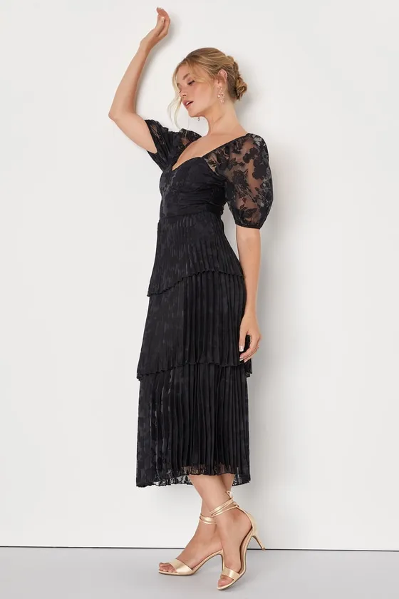 Posh Delight Black Floral Jacquard Pleated Midi Dress sold by Lulus product image thumbnail 3