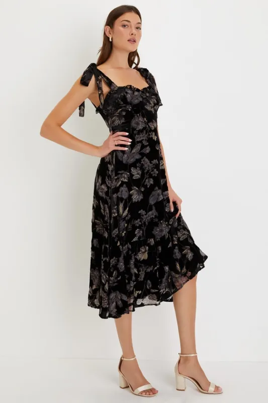 Sweetest Era Black Floral Velvet Burnout Tie-Strap Midi Dress sold by Lulus