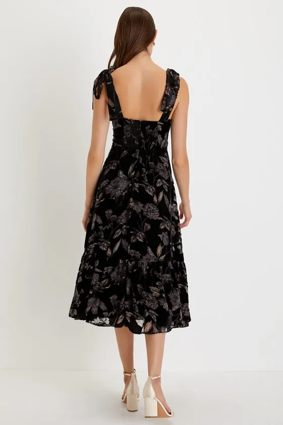Sweetest Era Black Floral Velvet Burnout Tie-Strap Midi Dress sold by Lulus product image thumbnail 3
