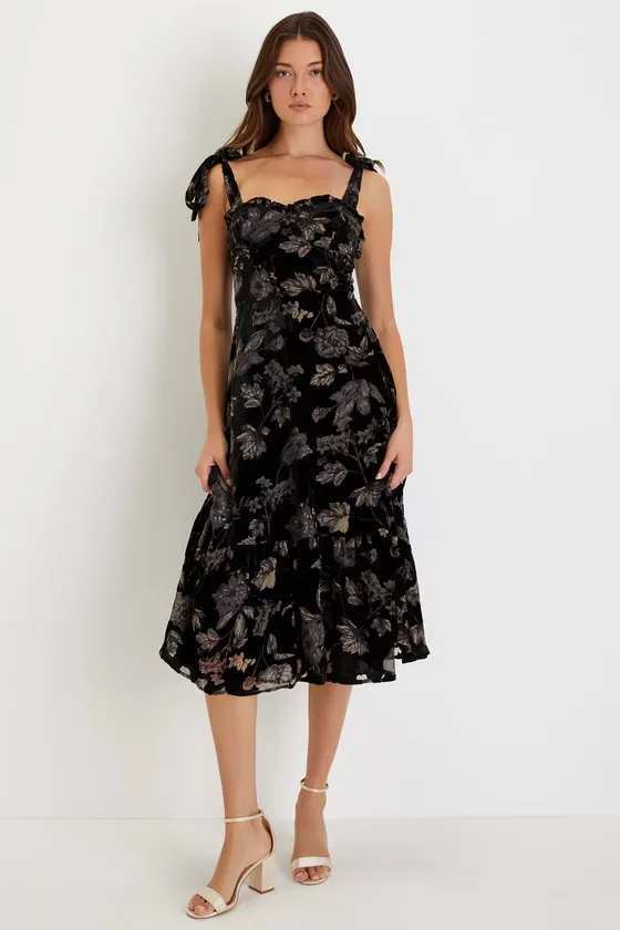 Sweetest Era Black Floral Velvet Burnout Tie-Strap Midi Dress sold by Lulus product image thumbnail 4
