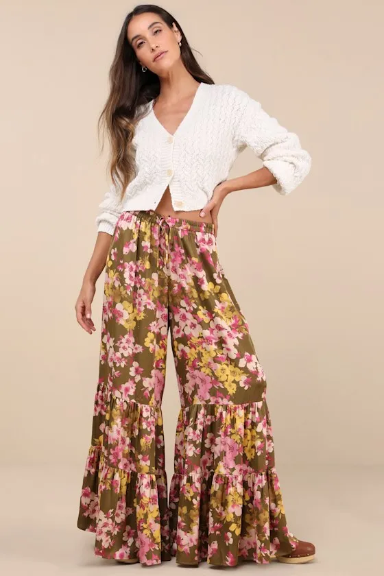 Sweeter Sunsets Olive Green Floral Satin Tiered Wide-Leg Pants sold by Lulus