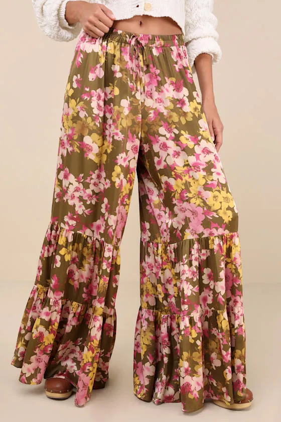 Sweeter Sunsets Olive Green Floral Satin Tiered Wide-Leg Pants sold by Lulus product image thumbnail 2