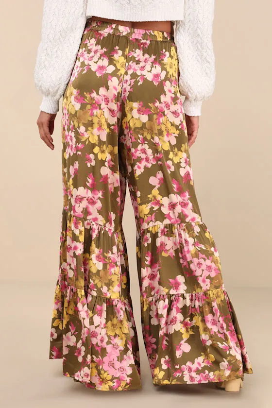Sweeter Sunsets Olive Green Floral Satin Tiered Wide-Leg Pants sold by Lulus product image thumbnail 3