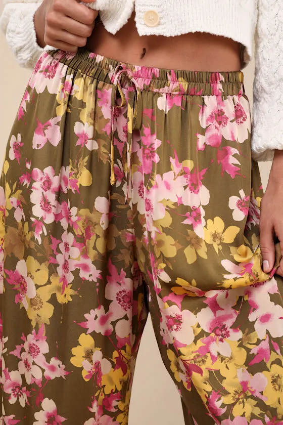 Sweeter Sunsets Olive Green Floral Satin Tiered Wide-Leg Pants sold by Lulus product image thumbnail 4