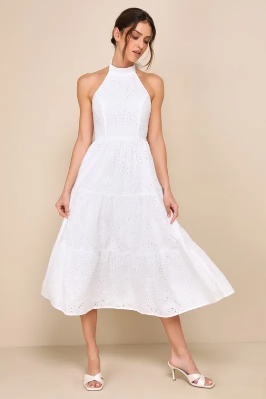 Sunny Perception White Eyelet Embroidered Halter Midi Dress sold by Lulus