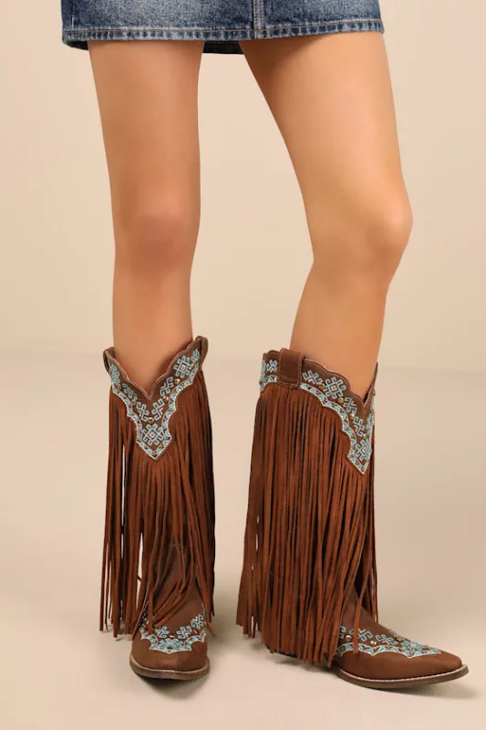 Tequila Sunrise Brown Suede Leather Fringe Western Boots sold by Lulus