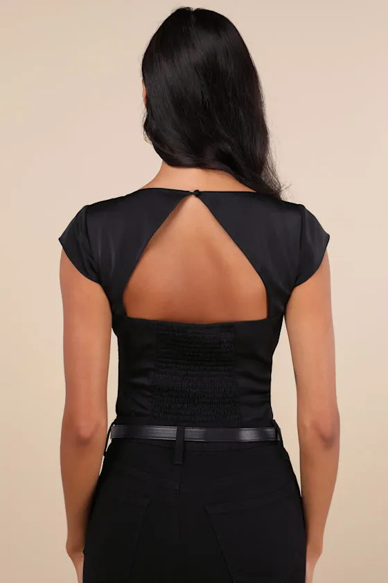 Sophisticated Intention Black Satin Cutout Cap Sleeve Bodysuit sold by Lulus product image thumbnail 2
