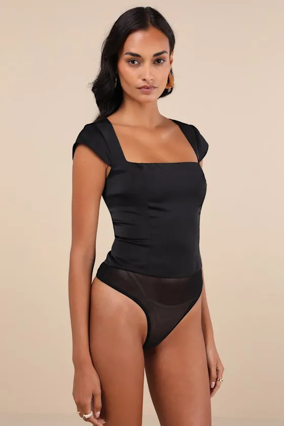 Sophisticated Intention Black Satin Cutout Cap Sleeve Bodysuit sold by Lulus product image thumbnail 4