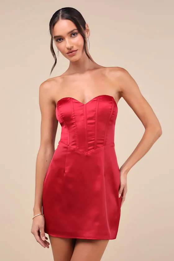 Sexy Perfection Wine Red Satin Strapless Bustier Mini Dress sold by Lulus