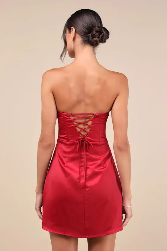 Sexy Perfection Wine Red Satin Strapless Bustier Mini Dress sold by Lulus product image thumbnail 2