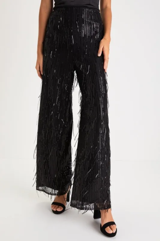 Shimmery Aura Black Sequin Fringe High-Rise Wide-Leg Pants made by Lulus