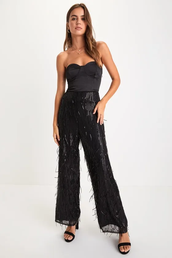 Shimmery Aura Black Sequin Fringe High-Rise Wide-Leg Pants sold by Lulus product image thumbnail 2