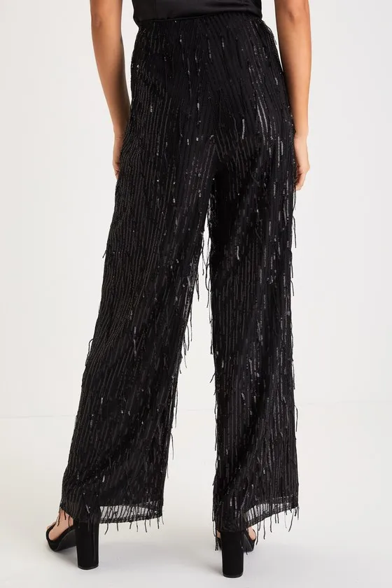 Shimmery Aura Black Sequin Fringe High-Rise Wide-Leg Pants sold by Lulus product image thumbnail 3