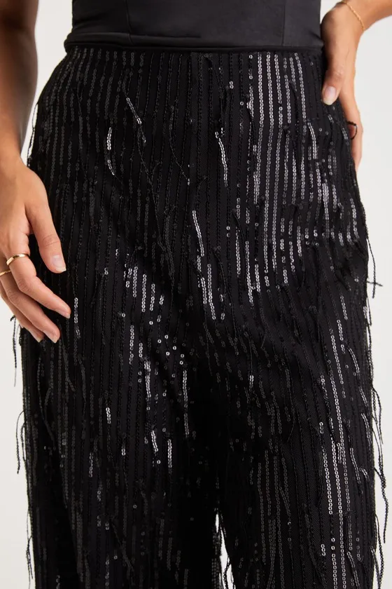 Shimmery Aura Black Sequin Fringe High-Rise Wide-Leg Pants sold by Lulus product image thumbnail 4