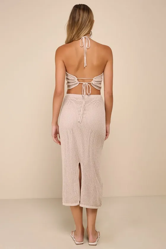 Sunny Serenity Beige Crochet Cutout Halter Midi Dress sold by Lulus product image thumbnail 2