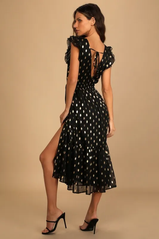 Cause to Celebrate Black and Gold Dot Ruffled Tiered Midi Dress sold by Lulus