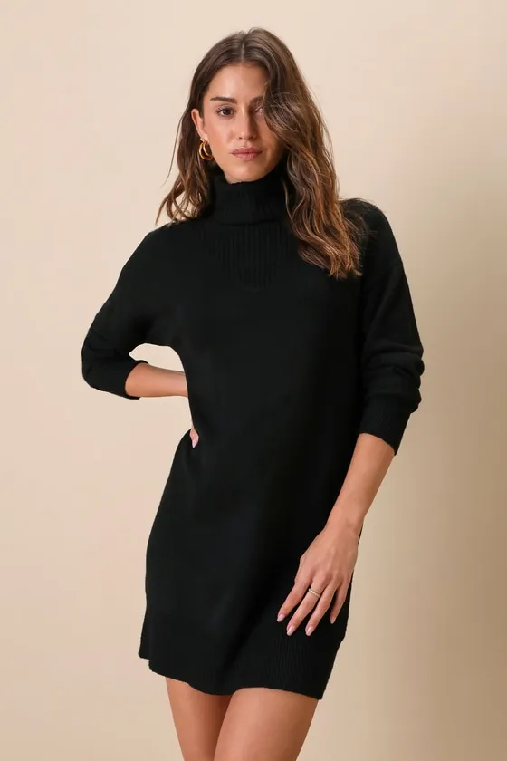 Frosty Forecast Black Turtleneck Long Sleeve Sweater Dress sold by Lulus