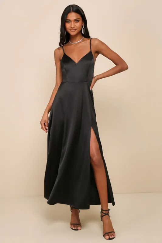 Always Audacious Black Satin Tie-Back Midi Dress sold by Lulus