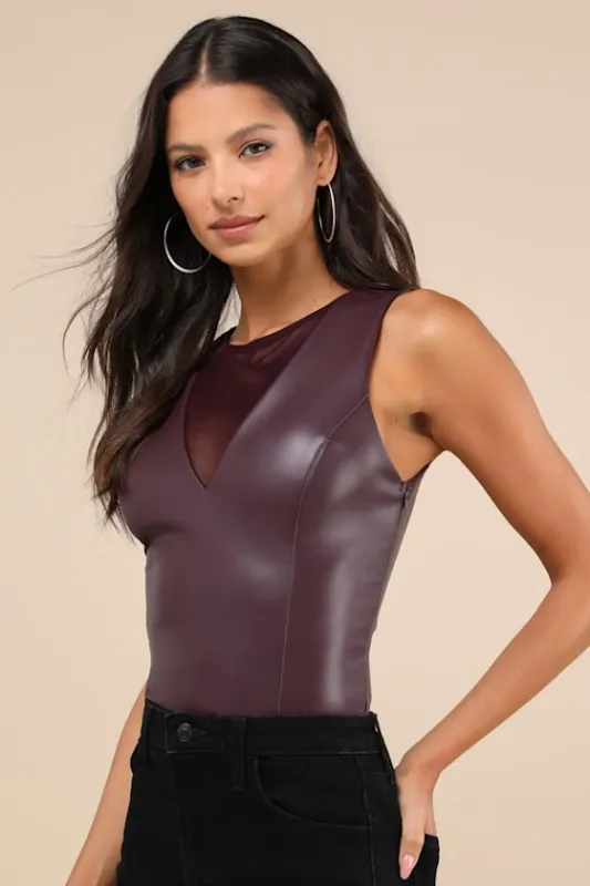 Exceptionally Impressive Plum Vegan Leather Sleeveless Bodysuit sold by Lulus