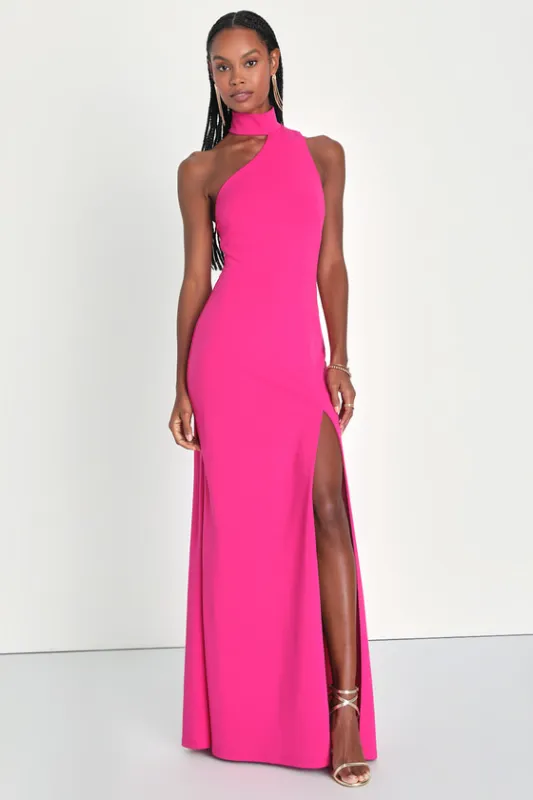 Keep It Interesting Hot Pink Asymmetrical Halter Maxi Dress sold by Lulus