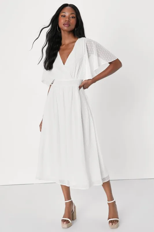 Transcendent Class White Swiss Dot Flutter Sleeve Midi Dress sold by Lulus