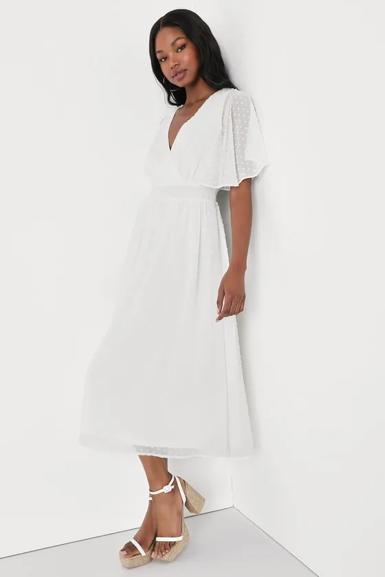 Transcendent Class White Swiss Dot Flutter Sleeve Midi Dress sold by Lulus product image thumbnail 3