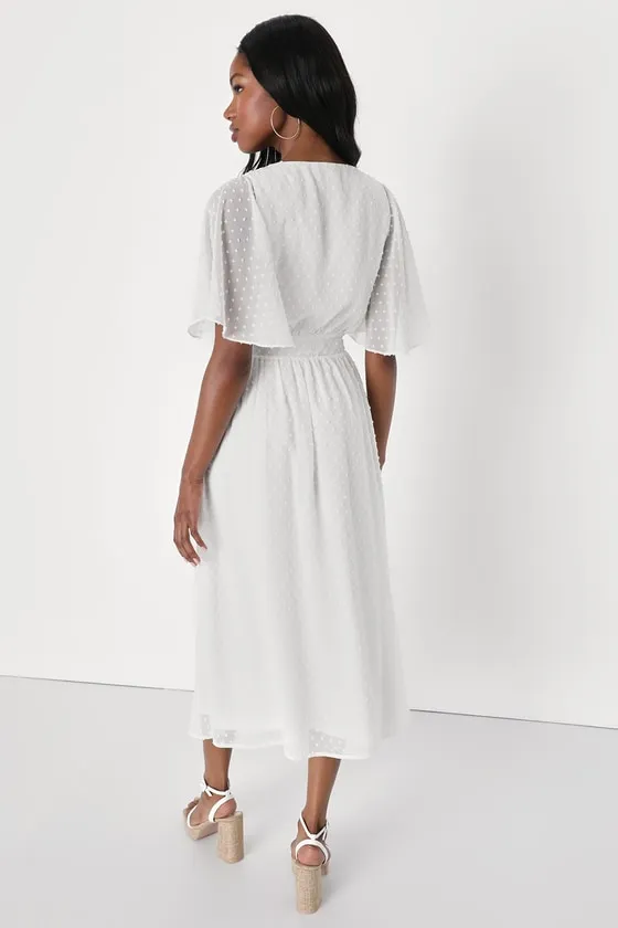 Transcendent Class White Swiss Dot Flutter Sleeve Midi Dress sold by Lulus product image thumbnail 4