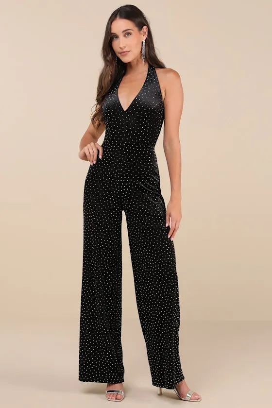Incredible Glow Black Rhinestone Halter Neck Jumpsuit sold by Lulus