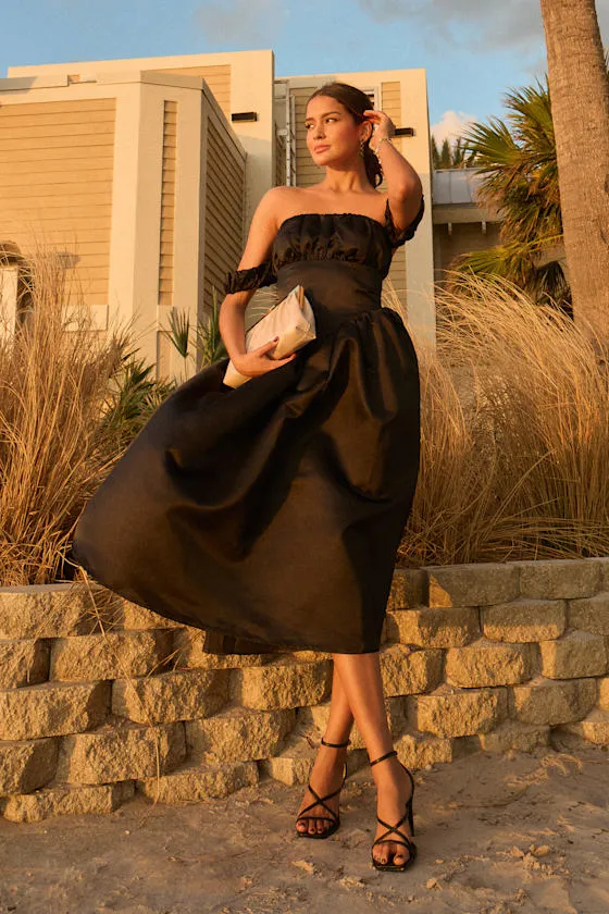 Coquette Essence Black Satin Off-the-Shoulder Lace-Up Midi Dress sold by Lulus