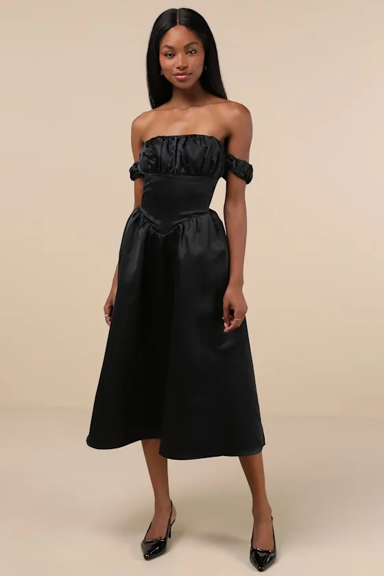 Coquette Essence Black Satin Off-the-Shoulder Lace-Up Midi Dress sold by Lulus product image thumbnail 2