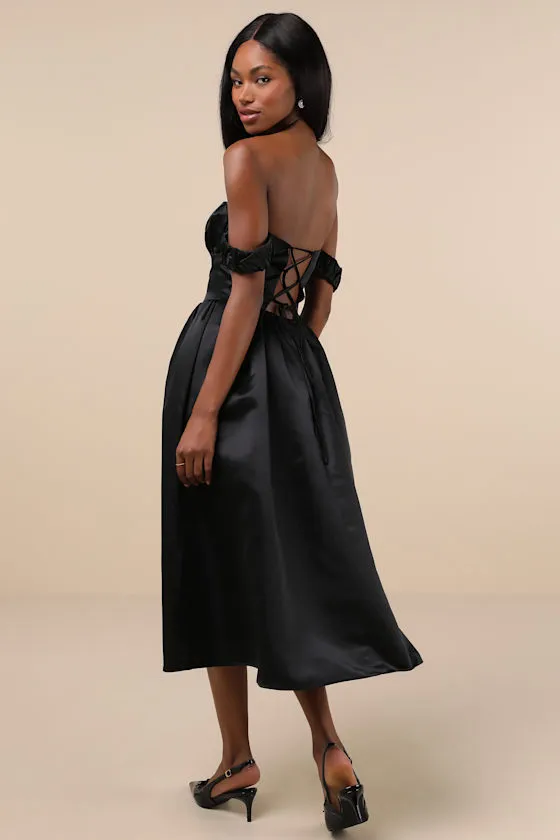 Coquette Essence Black Satin Off-the-Shoulder Lace-Up Midi Dress sold by Lulus product image thumbnail 3
