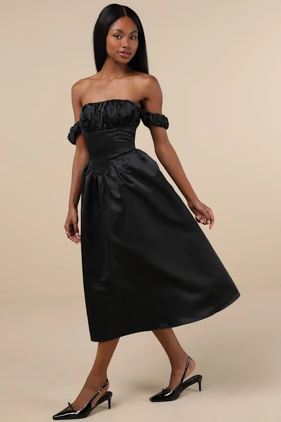 Coquette Essence Black Satin Off-the-Shoulder Lace-Up Midi Dress sold by Lulus product image thumbnail 4