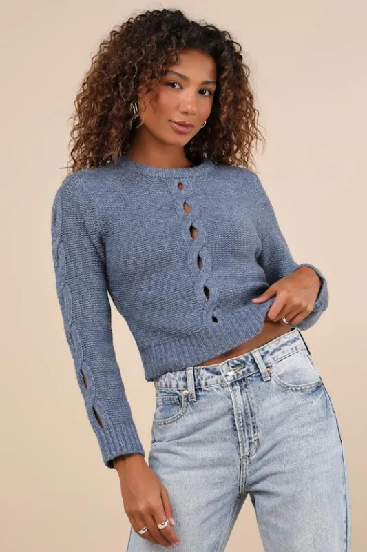 Cutout for Winter Heather Slate Blue Cable Knit Cutout Sweater sold by Lulus